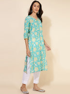 Janasya Aqua Blue Cotton Floral Printed Casual Kurta | Grocsy