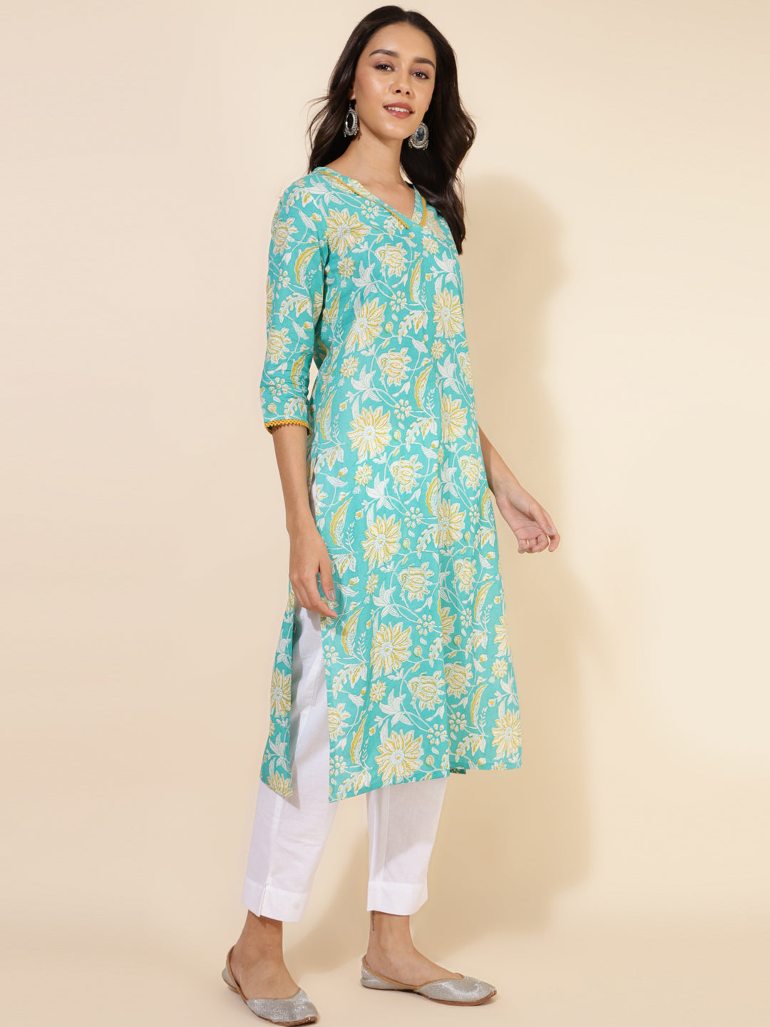 Janasya Aqua Blue Cotton Floral Printed Casual Kurta | Grocsy