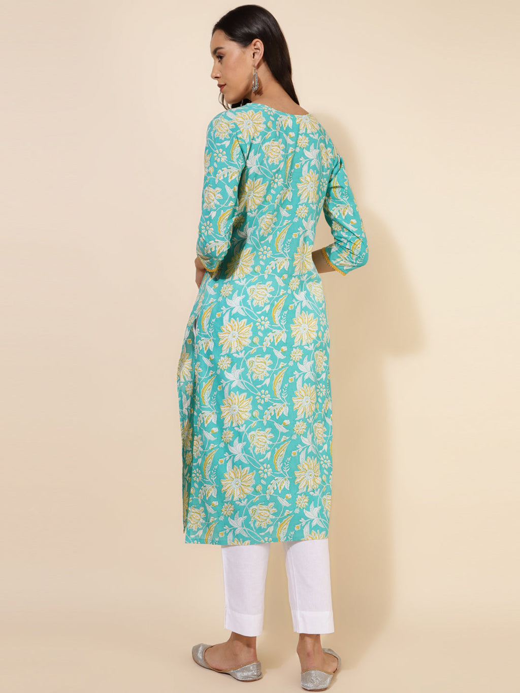 Janasya Aqua Blue Cotton Floral Printed Casual Kurta | Grocsy