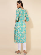 Janasya Aqua Blue Cotton Floral Printed Casual Kurta | Grocsy