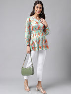 Janasya Women's Orange Satin Digital Floral Printed Casual Peplum Top | Grocsy