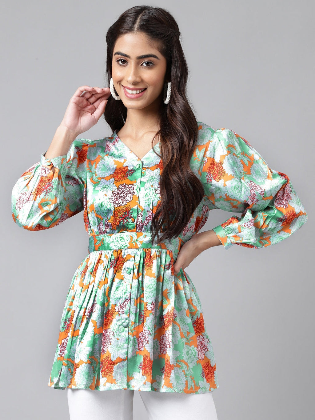 Janasya Women's Orange Satin Digital Floral Printed Casual Peplum Top | Grocsy