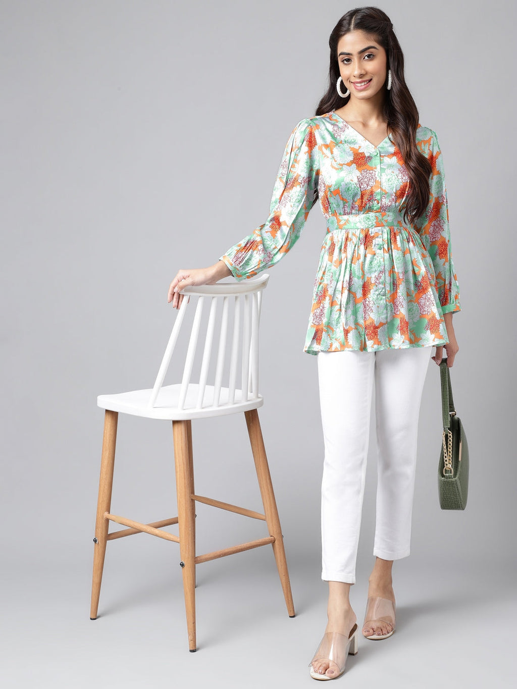 Janasya Women's Orange Satin Digital Floral Printed Casual Peplum Top | Grocsy