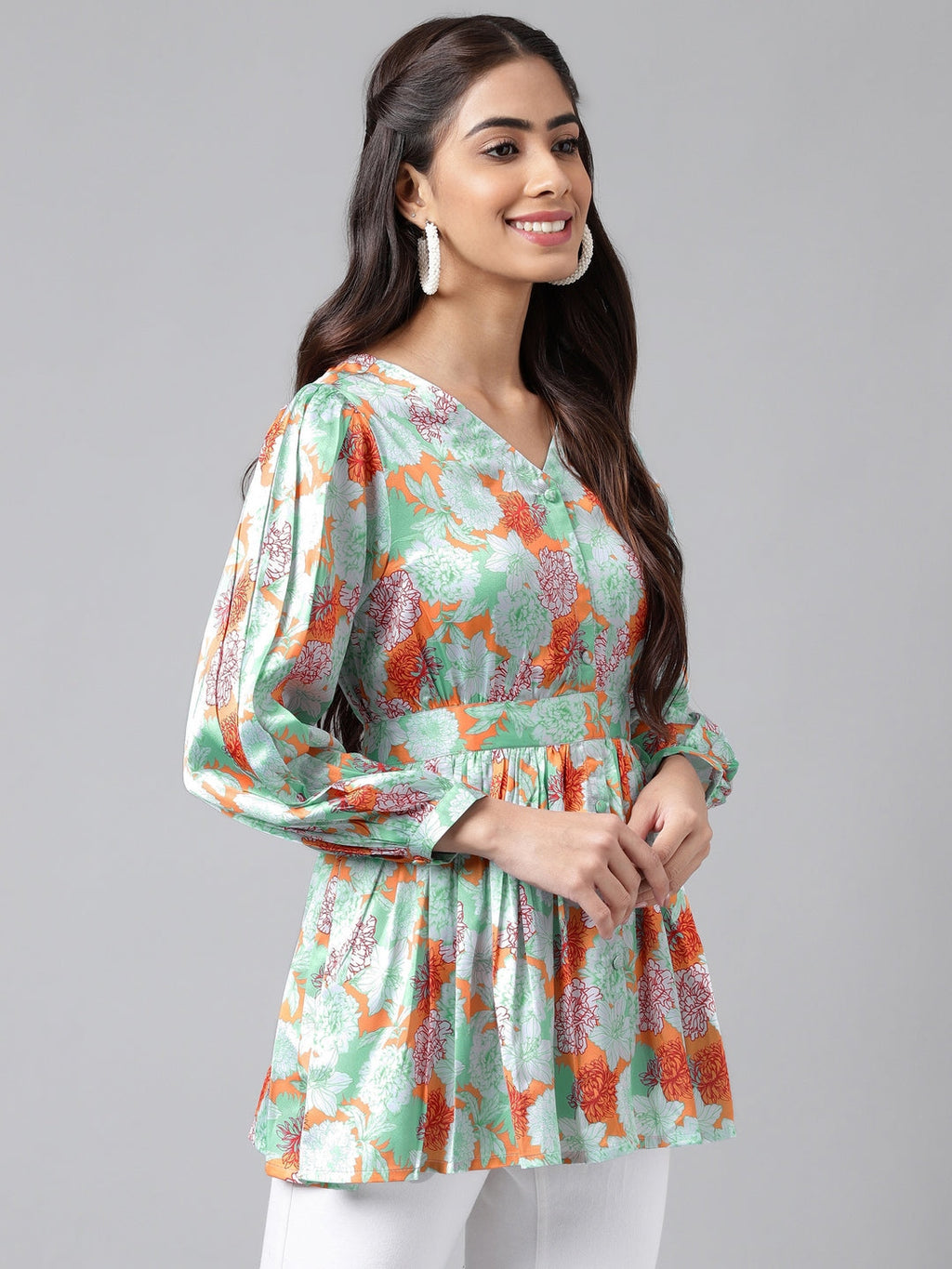 Janasya Women's Orange Satin Digital Floral Printed Casual Peplum Top | Grocsy