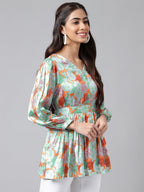 Janasya Women's Orange Satin Digital Floral Printed Casual Peplum Top | Grocsy