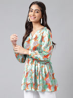 Janasya Women's Orange Satin Digital Floral Printed Casual Peplum Top | Grocsy