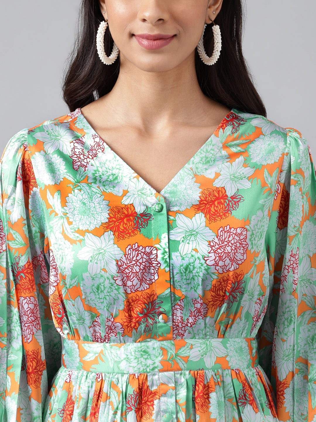 Janasya Women's Orange Satin Digital Floral Printed Casual Peplum Top | Grocsy