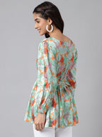 Janasya Women's Orange Satin Digital Floral Printed Casual Peplum Top | Grocsy