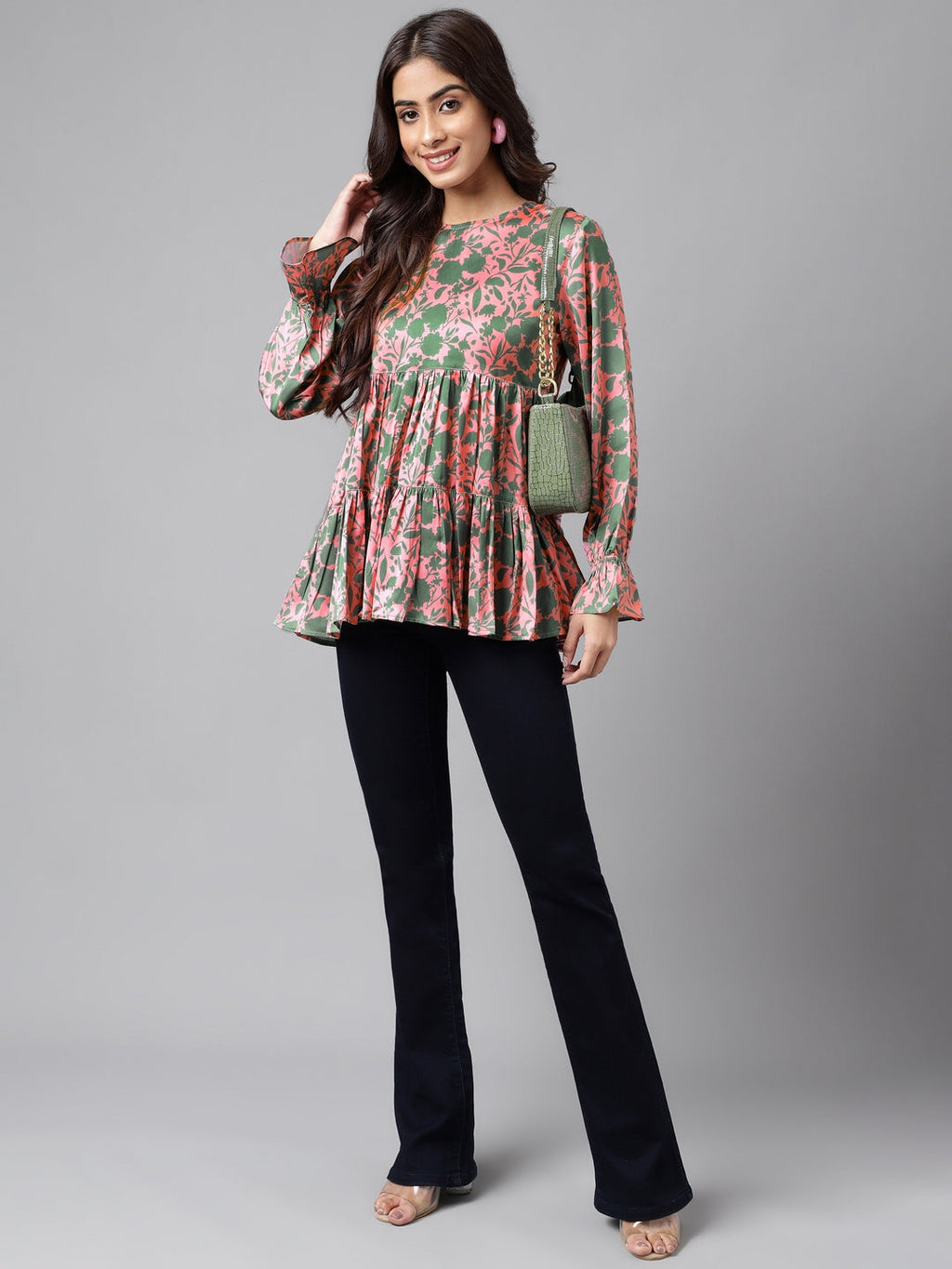 Janasya Women's Pink Satin Digital Floral Printed Casual Flared Top | Grocsy