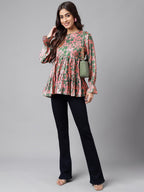 Janasya Women's Pink Satin Digital Floral Printed Casual Flared Top | Grocsy