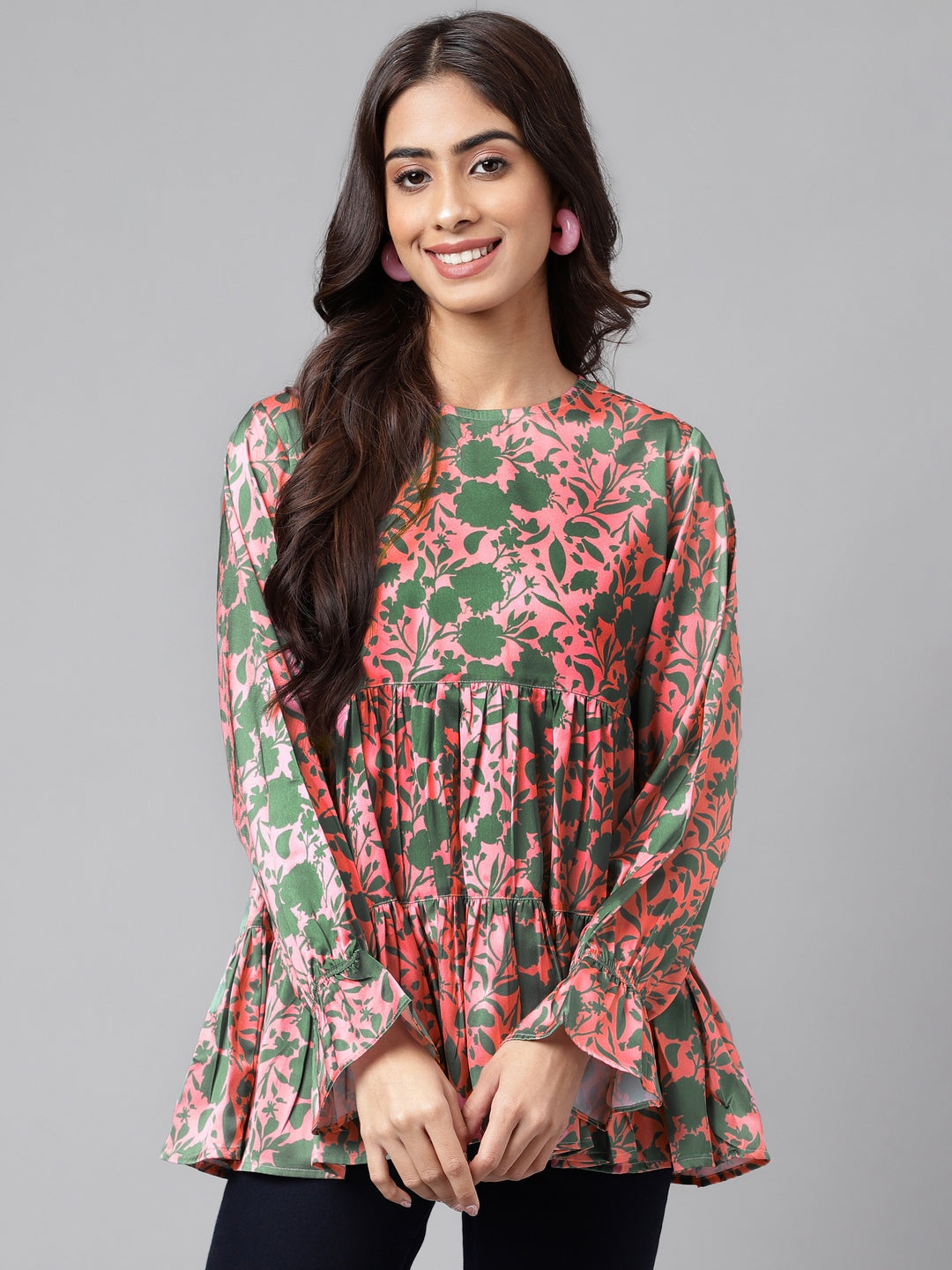 Janasya Women's Pink Satin Digital Floral Printed Casual Flared Top | Grocsy