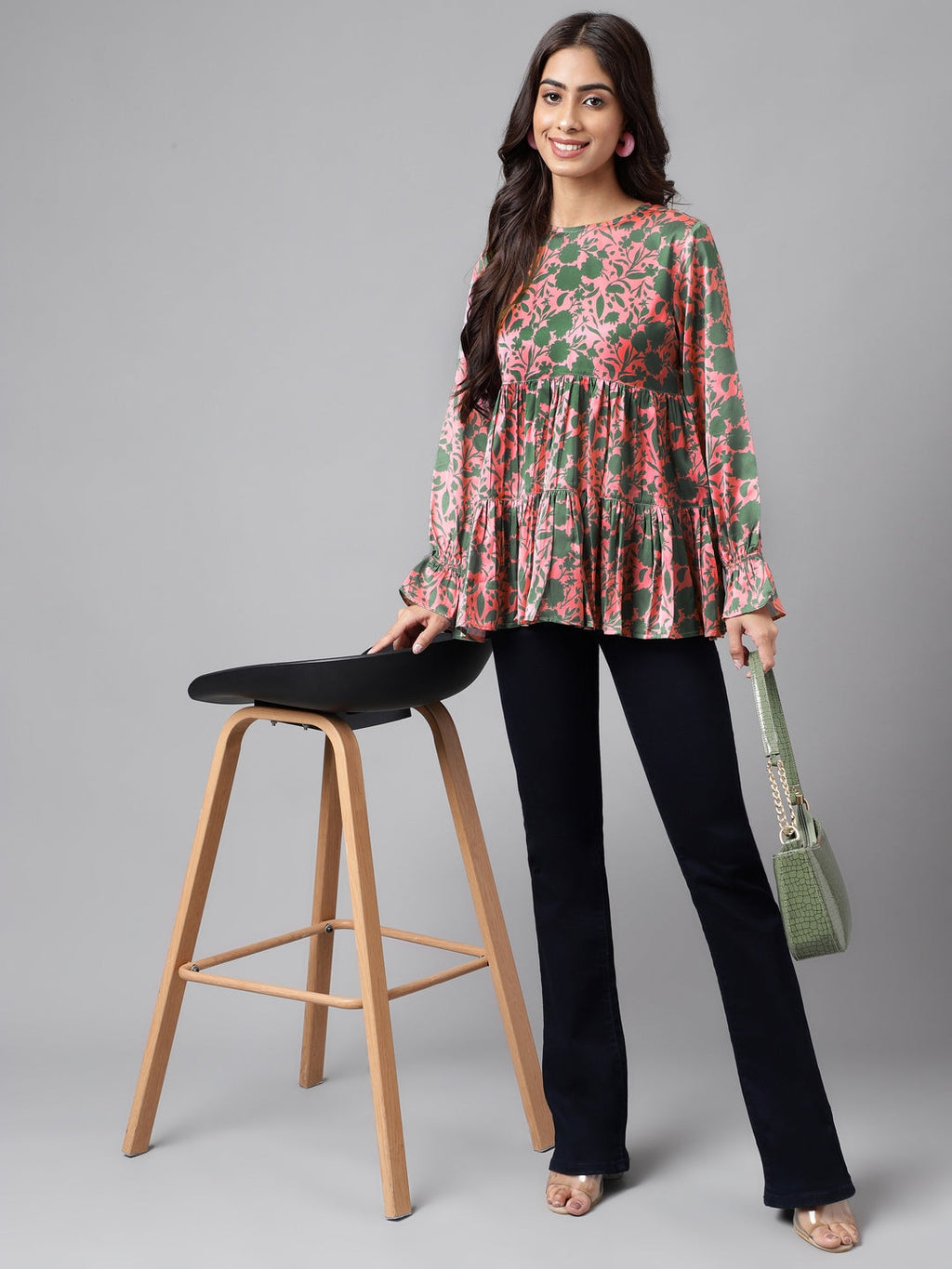 Janasya Women's Pink Satin Digital Floral Printed Casual Flared Top | Grocsy