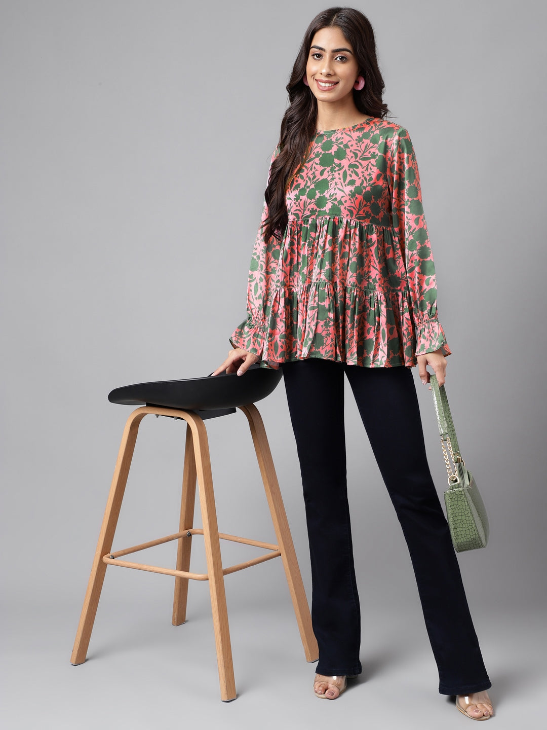 Janasya Women's Pink Satin Digital Floral Printed Casual Flared Top | Grocsy