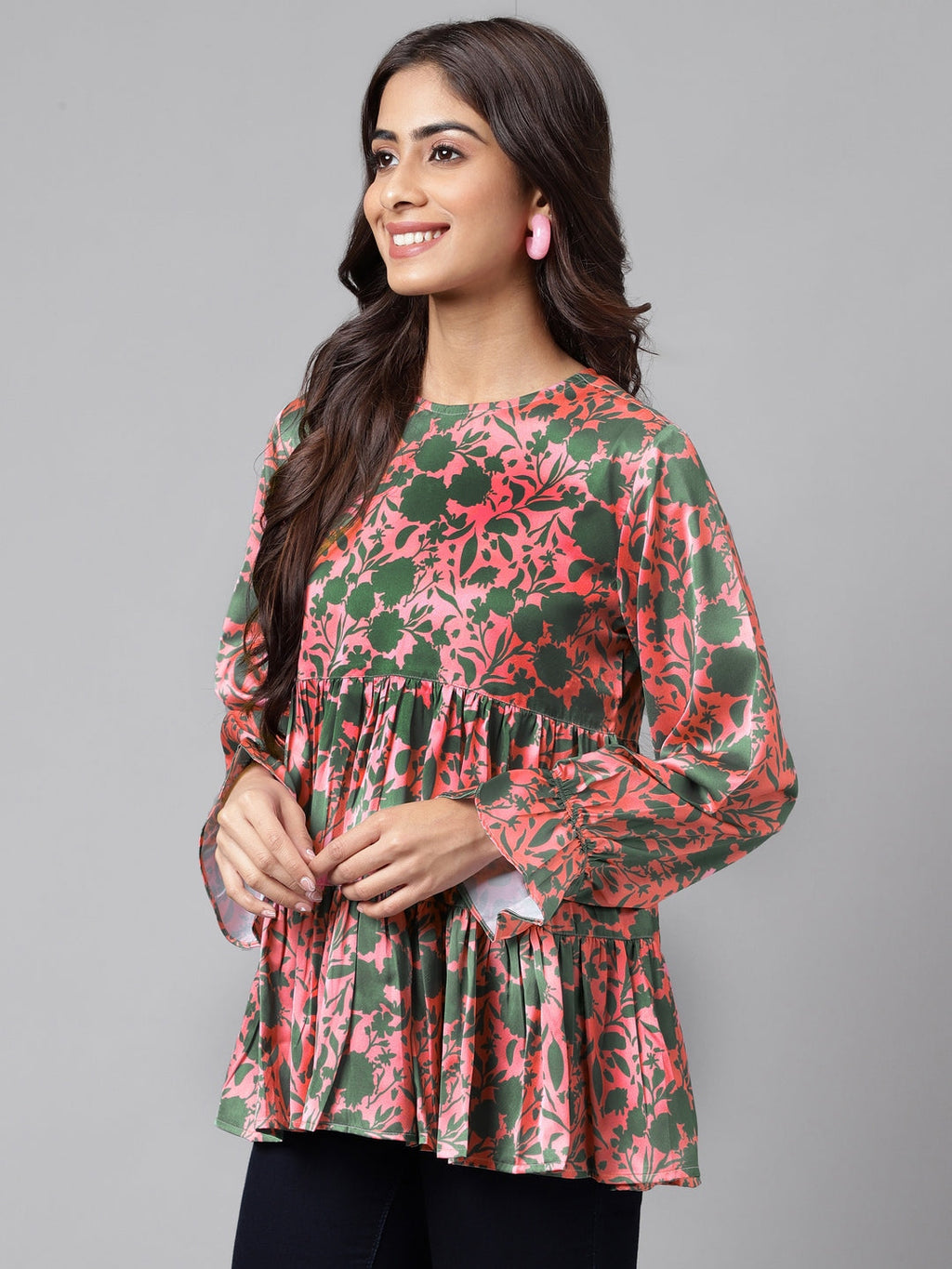 Janasya Women's Pink Satin Digital Floral Printed Casual Flared Top | Grocsy