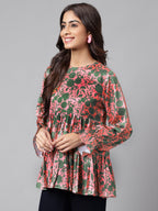 Janasya Women's Pink Satin Digital Floral Printed Casual Flared Top | Grocsy