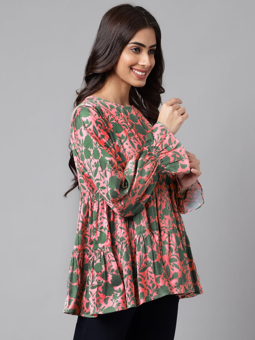 Janasya Women's Pink Satin Digital Floral Printed Casual Flared Top | Grocsy