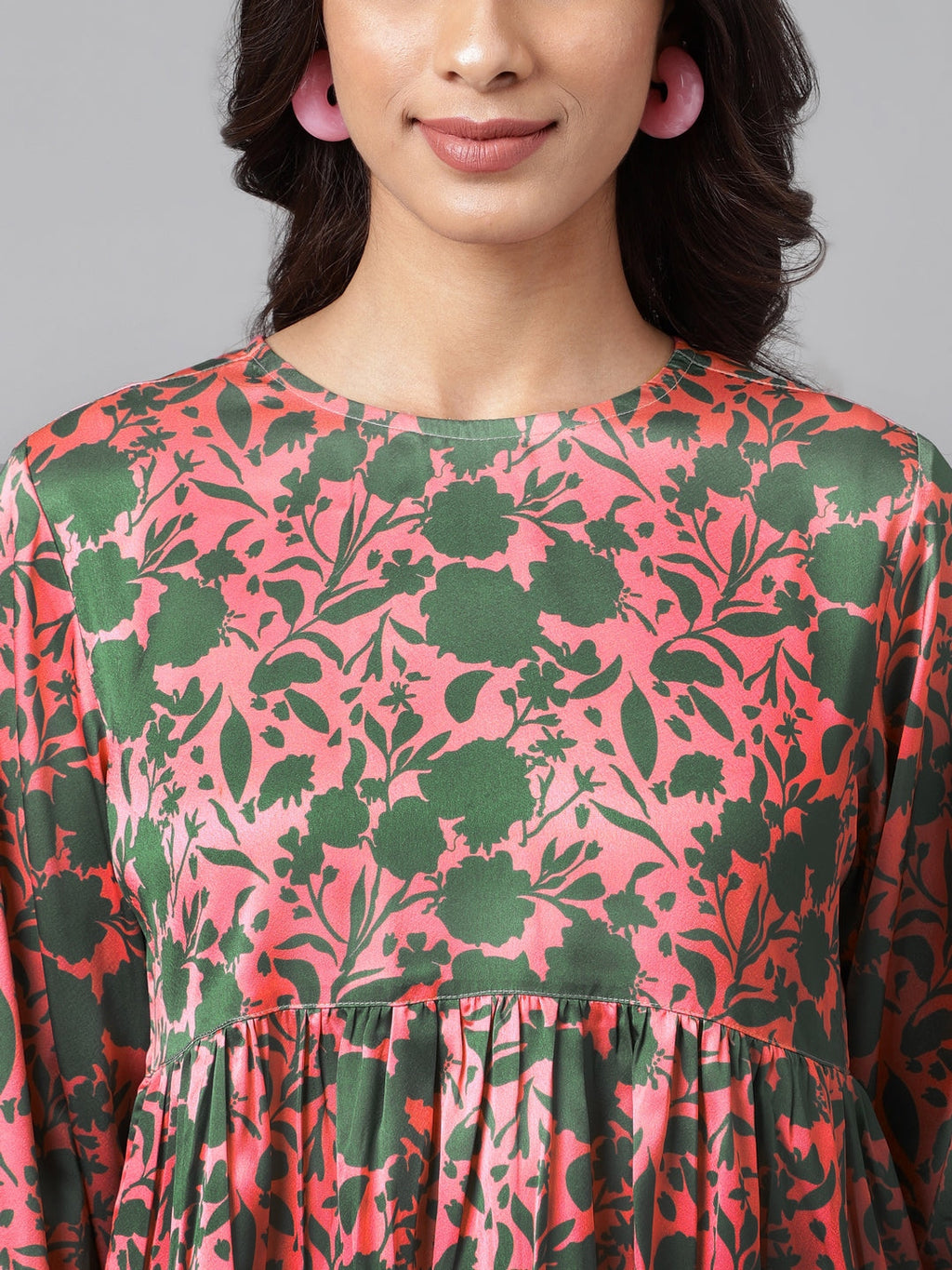 Janasya Women's Pink Satin Digital Floral Printed Casual Flared Top | Grocsy