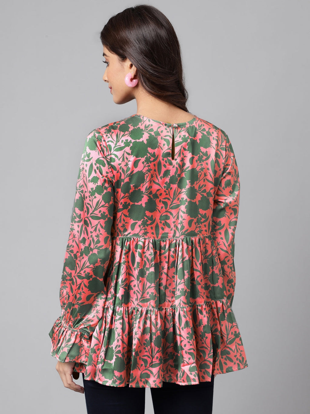 Janasya Women's Pink Satin Digital Floral Printed Casual Flared Top | Grocsy