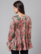 Janasya Women's Pink Satin Digital Floral Printed Casual Flared Top | Grocsy