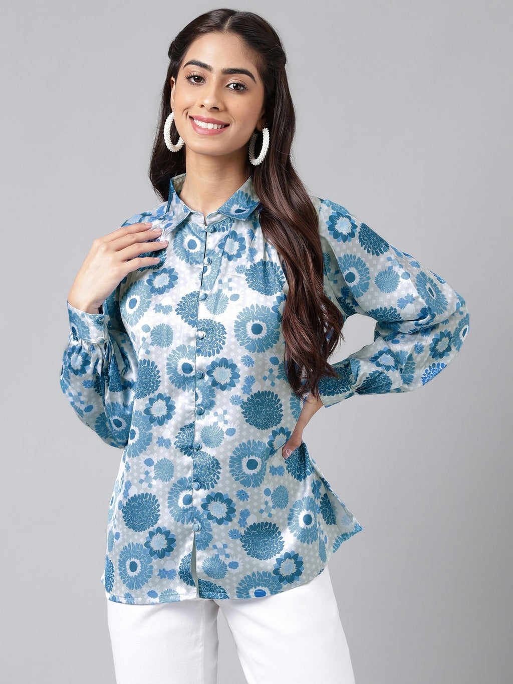 Janasya Women's Grey Satin Digital Floral Printed Casual Shirt Style Top | Grocsy