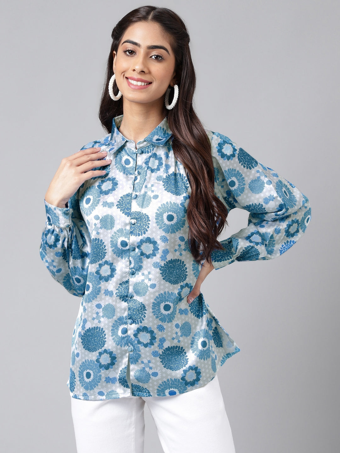 Janasya Women's Grey Satin Digital Floral Printed Casual Shirt Style Top | Grocsy