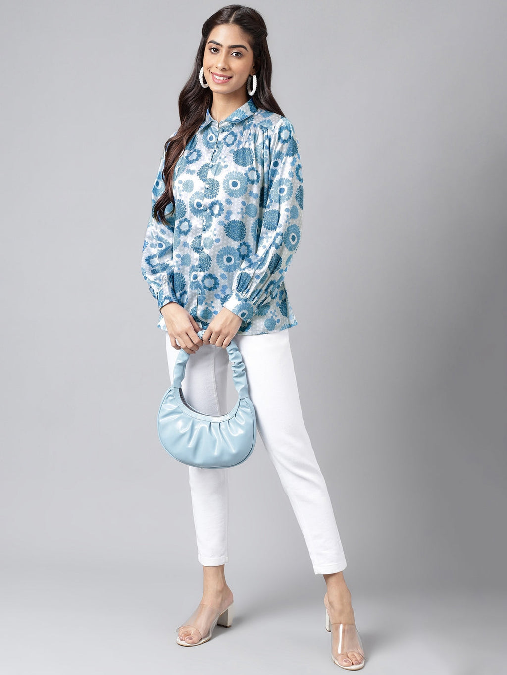 Janasya Women's Grey Satin Digital Floral Printed Casual Shirt Style Top | Grocsy