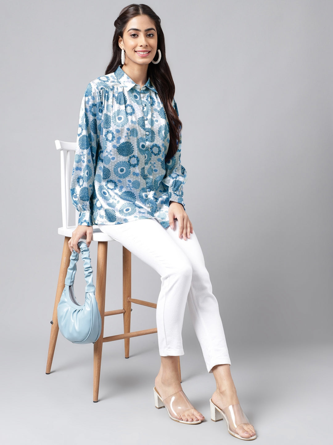 Janasya Women's Grey Satin Digital Floral Printed Casual Shirt Style Top | Grocsy