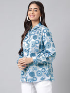 Janasya Women's Grey Satin Digital Floral Printed Casual Shirt Style Top | Grocsy