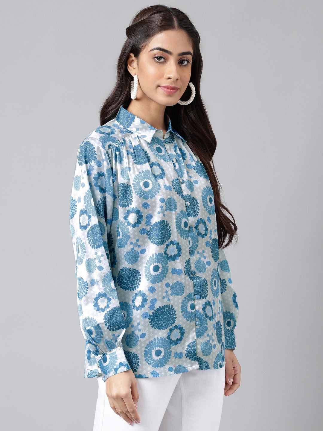 Janasya Women's Grey Satin Digital Floral Printed Casual Shirt Style Top | Grocsy