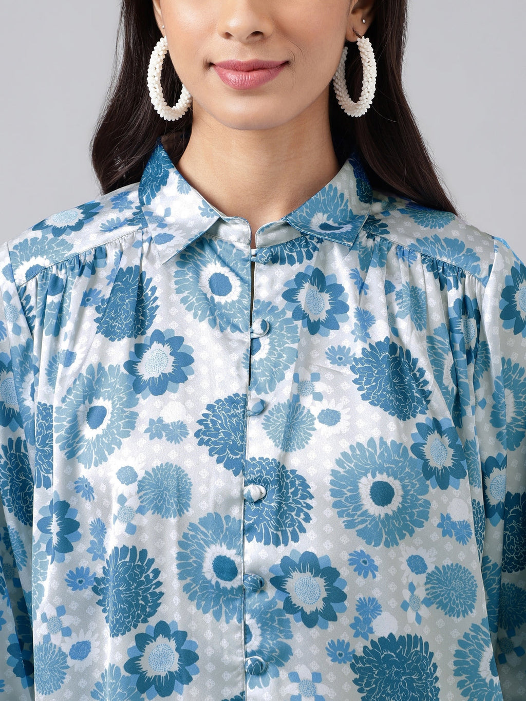 Janasya Women's Grey Satin Digital Floral Printed Casual Shirt Style Top | Grocsy