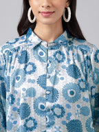 Janasya Women's Grey Satin Digital Floral Printed Casual Shirt Style Top | Grocsy