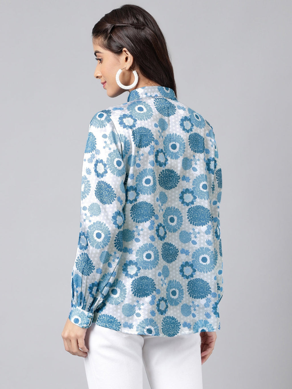 Janasya Women's Grey Satin Digital Floral Printed Casual Shirt Style Top | Grocsy
