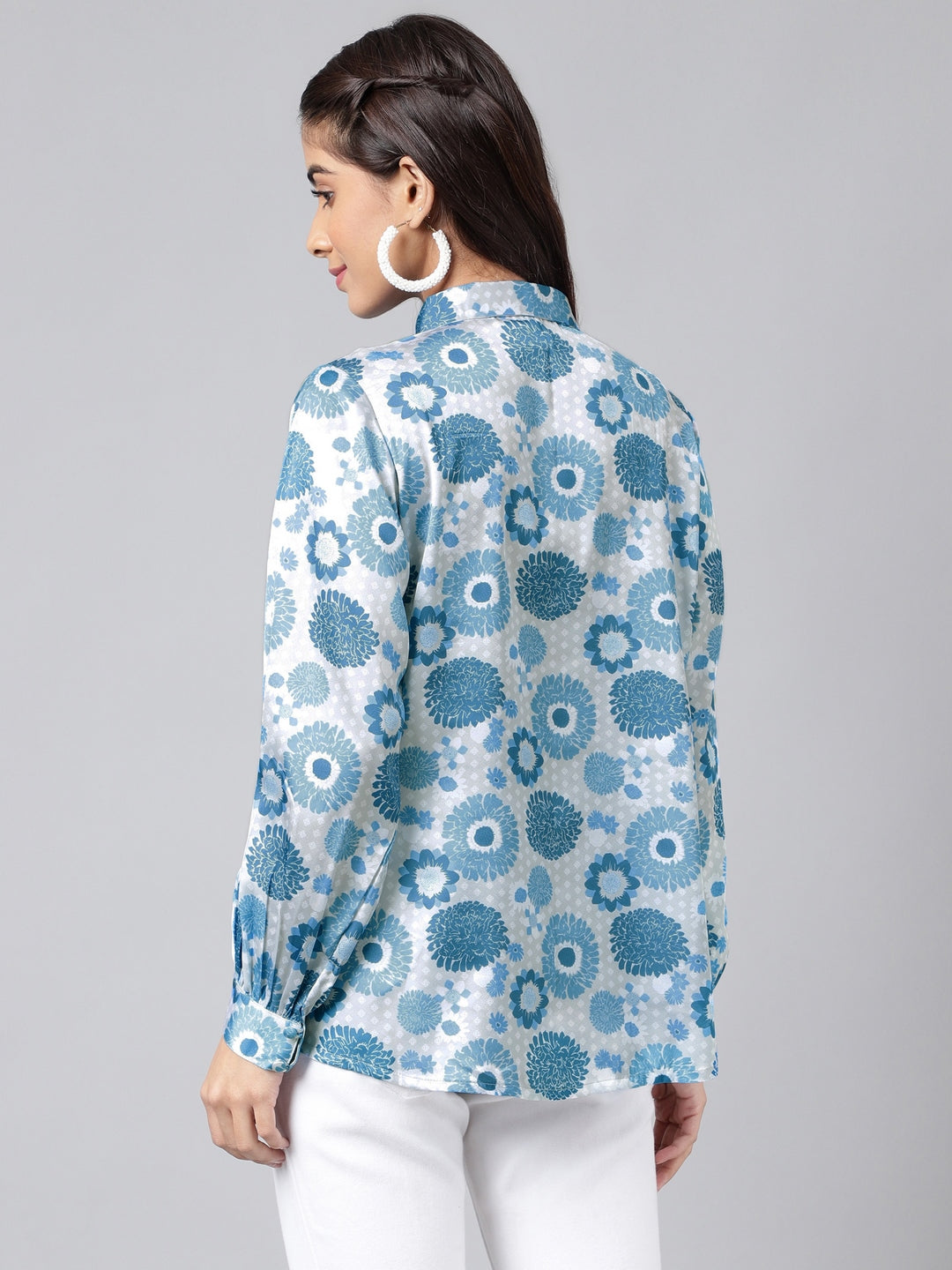 Janasya Women's Grey Satin Digital Floral Printed Casual Shirt Style Top | Grocsy