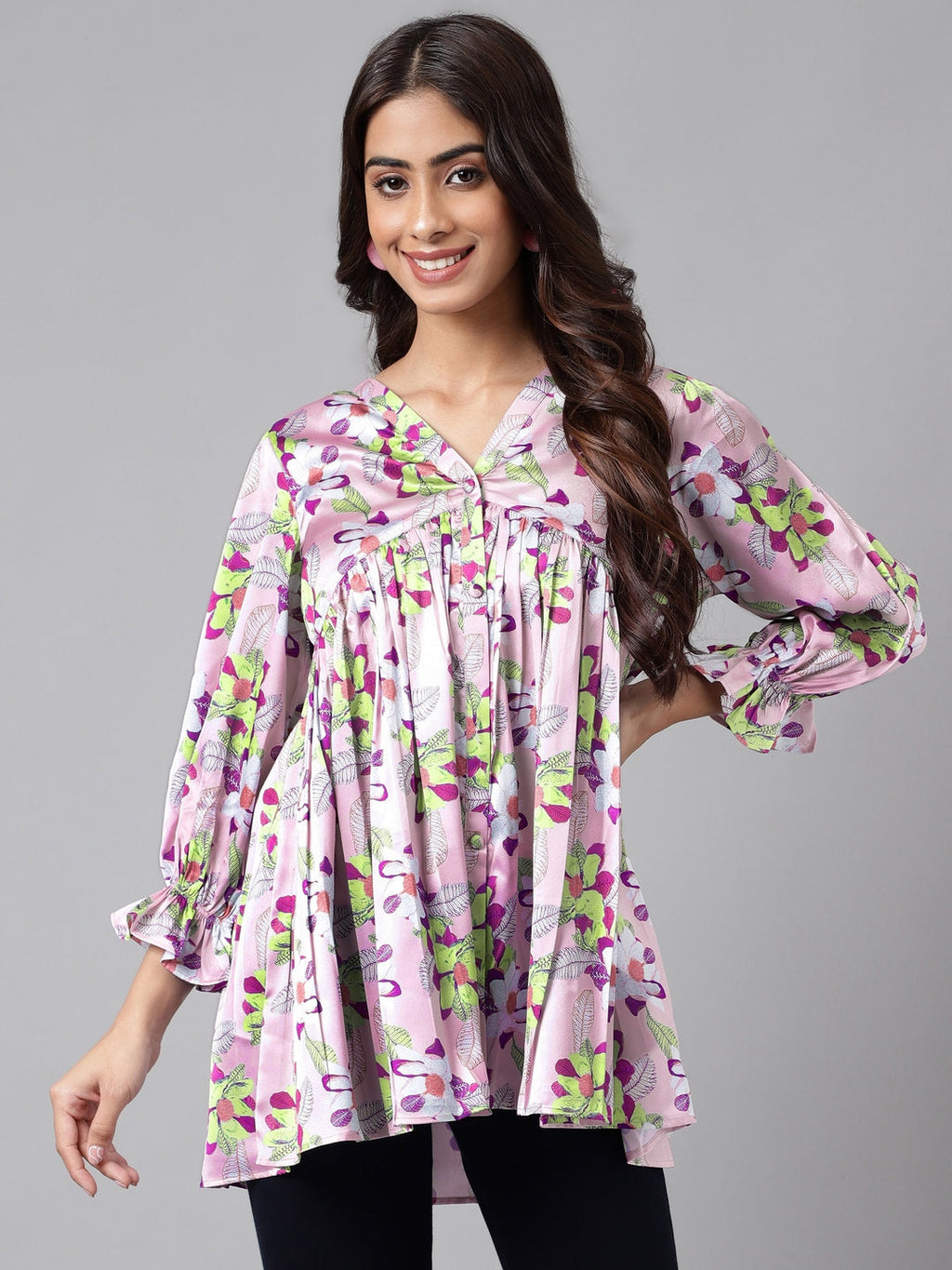 Janasya Women's Lavender Satin Digital Floral Printed Casual Flared Top | Grocsy