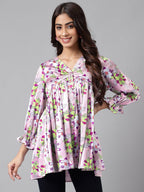 Janasya Women's Lavender Satin Digital Floral Printed Casual Flared Top | Grocsy
