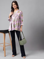 Janasya Women's Lavender Satin Digital Floral Printed Casual Flared Top | Grocsy