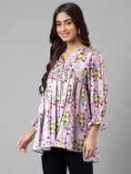 Janasya Women's Lavender Satin Digital Floral Printed Casual Flared Top | Grocsy
