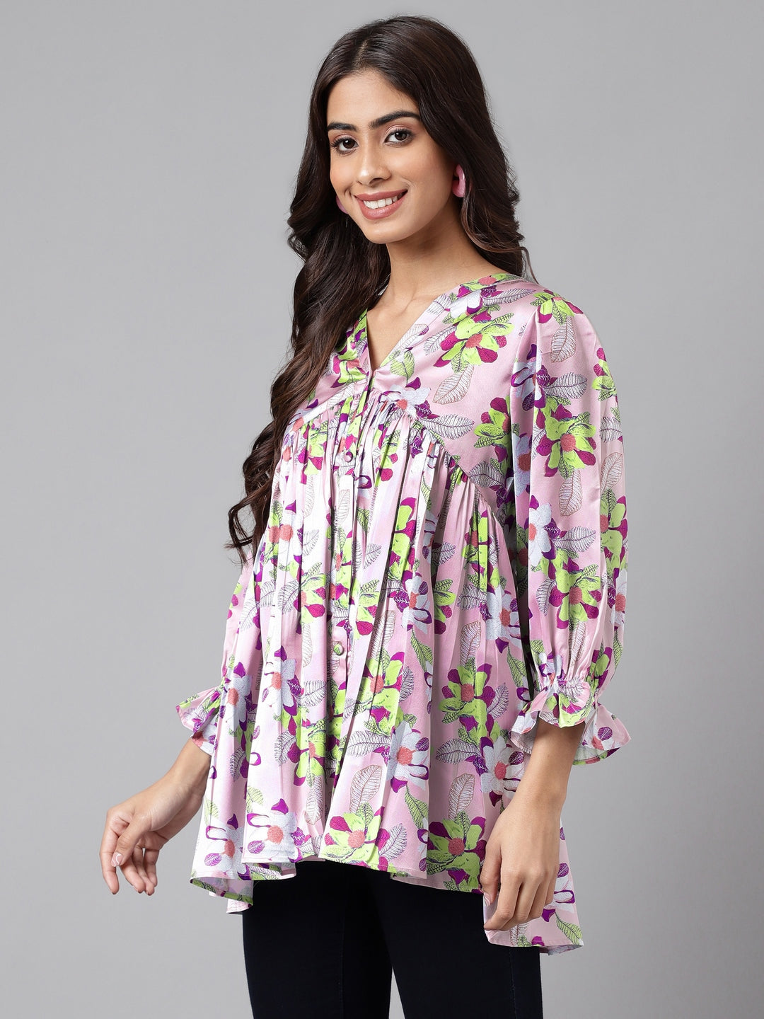 Janasya Women's Lavender Satin Digital Floral Printed Casual Flared Top | Grocsy