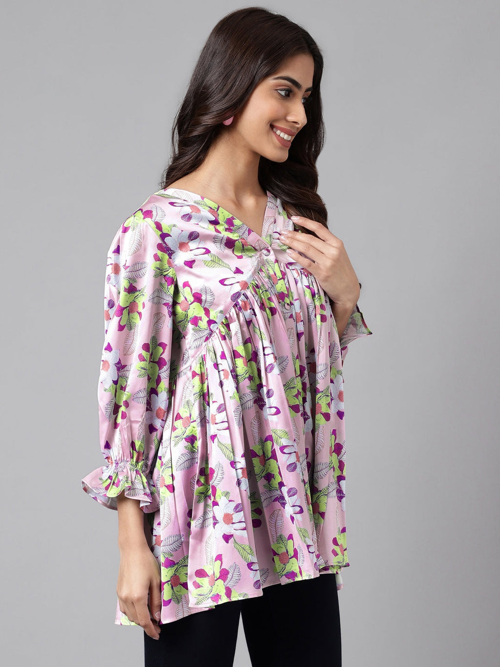 Janasya Women's Lavender Satin Digital Floral Printed Casual Flared Top | Grocsy