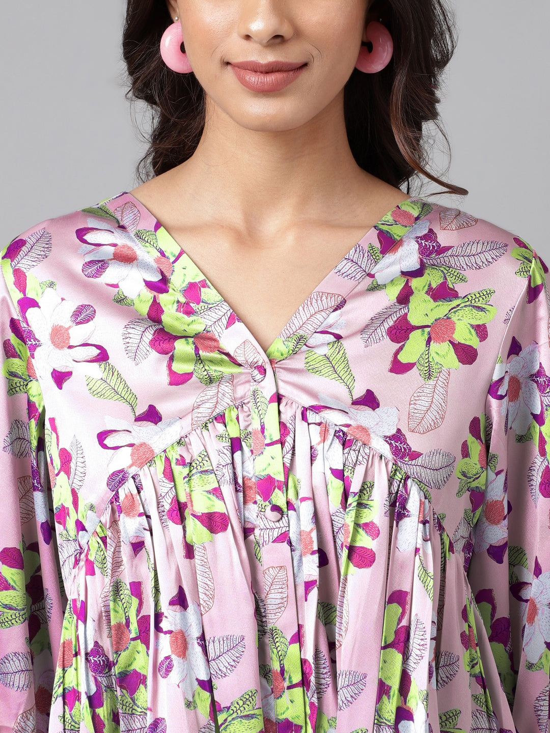 Janasya Women's Lavender Satin Digital Floral Printed Casual Flared Top | Grocsy