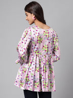 Janasya Women's Lavender Satin Digital Floral Printed Casual Flared Top | Grocsy