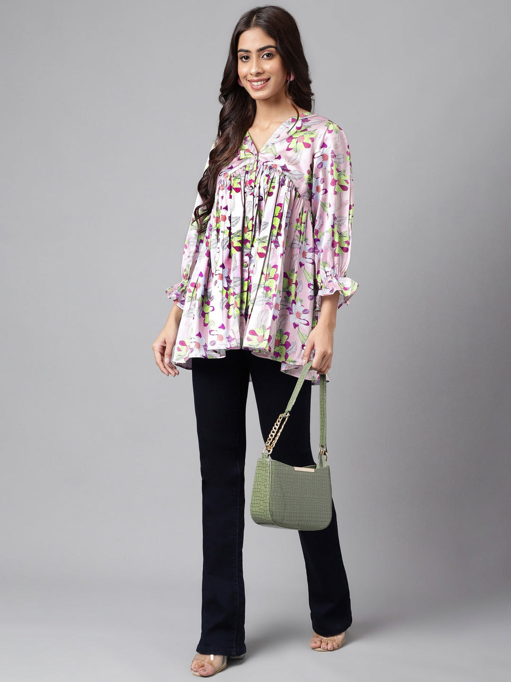 Janasya Women's Lavender Satin Digital Floral Printed Casual Flared Top | Grocsy