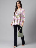 Janasya Women's Lavender Satin Digital Floral Printed Casual Flared Top | Grocsy