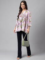 Janasya Women's Lavender Satin Digital Floral Printed Casual Flared Top | Grocsy