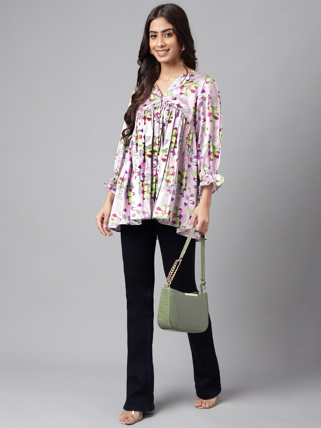 Janasya Women's Lavender Satin Digital Floral Printed Casual Flared Top | Grocsy