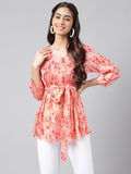 Janasya Women's Peach Satin Digital Floral Printed Casual A-Line Top | Grocsy