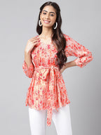 Janasya Women's Peach Satin Digital Floral Printed Casual A-Line Top | Grocsy