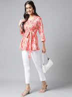 Janasya Women's Peach Satin Digital Floral Printed Casual A-Line Top | Grocsy