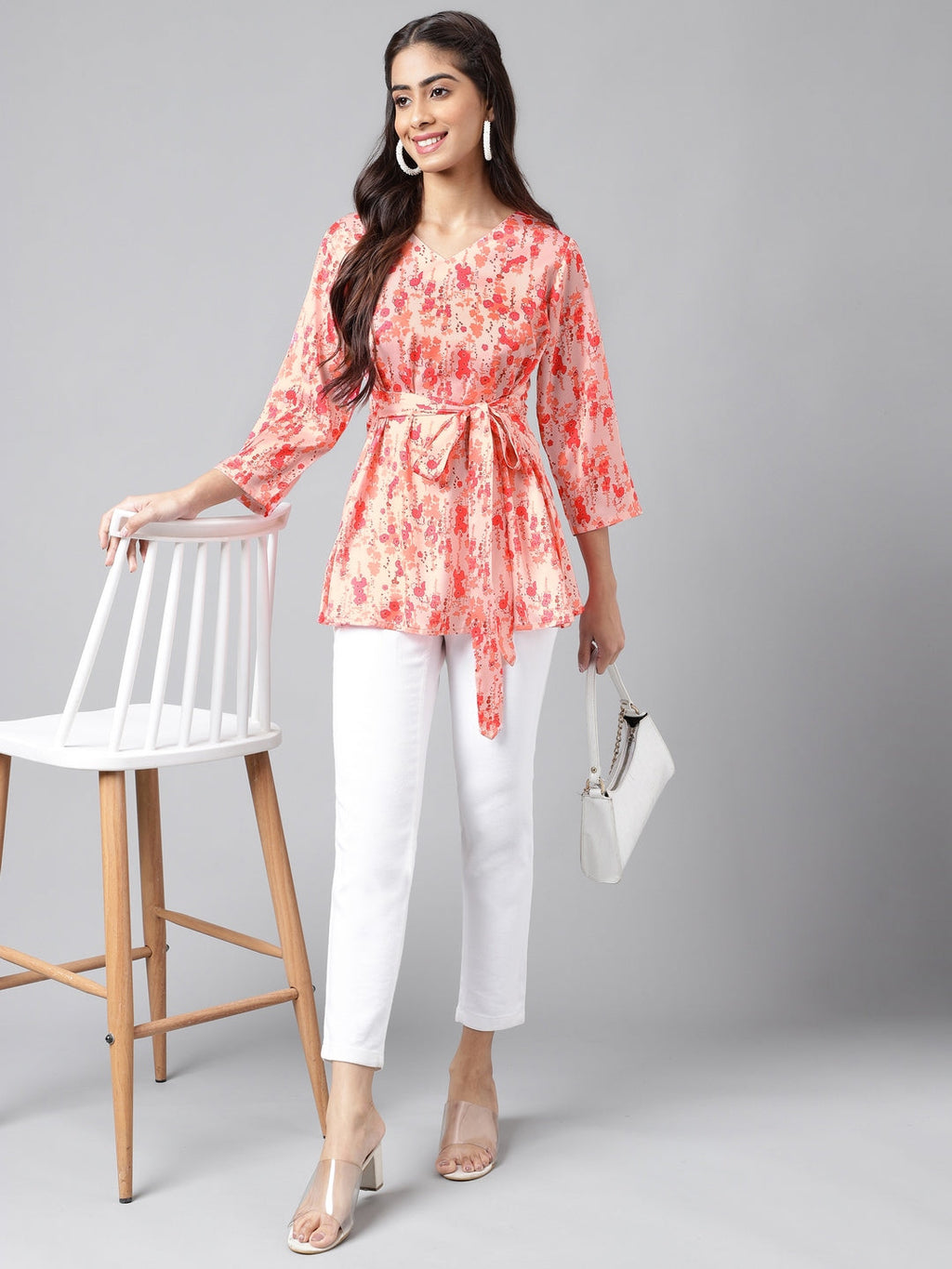 Janasya Women's Peach Satin Digital Floral Printed Casual A-Line Top | Grocsy