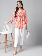 Janasya Women's Peach Satin Digital Floral Printed Casual A-Line Top | Grocsy